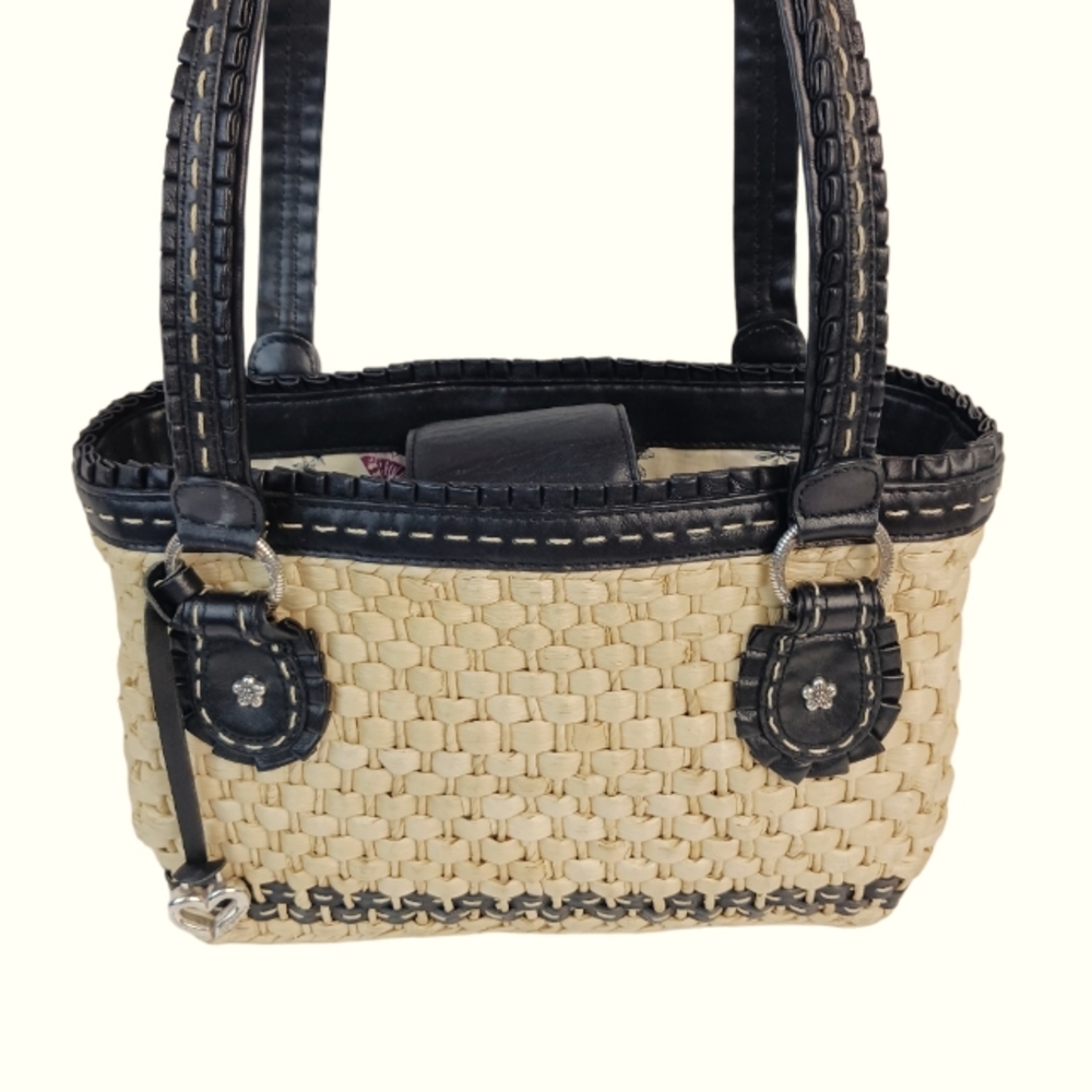 Brighton Straw Raffia Woven Handbag Black Ruffle Double Strap Tote Shopper Purse